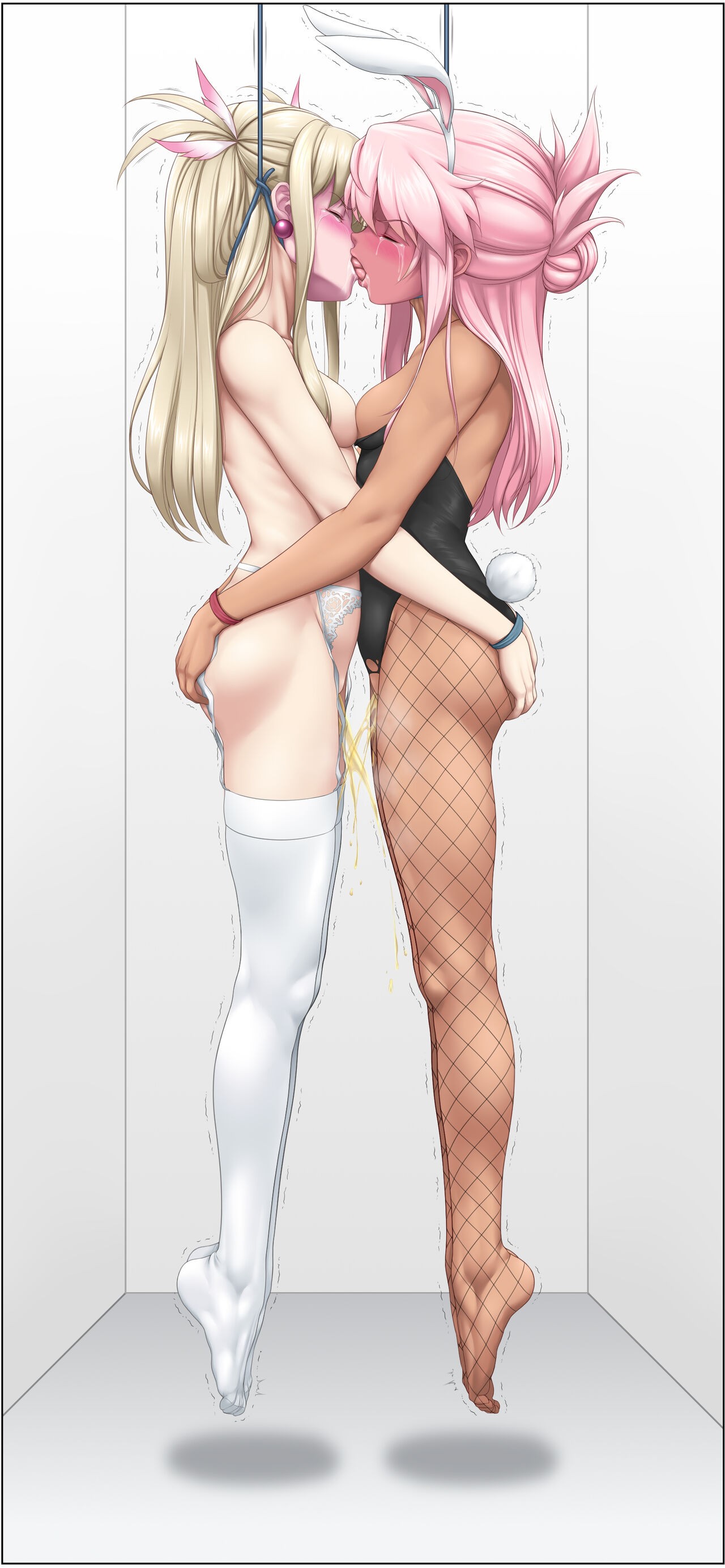 2girls, artist request, asphyxiation, blonde hair, character request, death piss, duo, duo female, duo focus, dying, female, female only, fishnets, hanged, hanging, hanging by neck, imminent death, noose, peeing, peeing self, peeing together, pink hair, source request, urination, urine, yuri