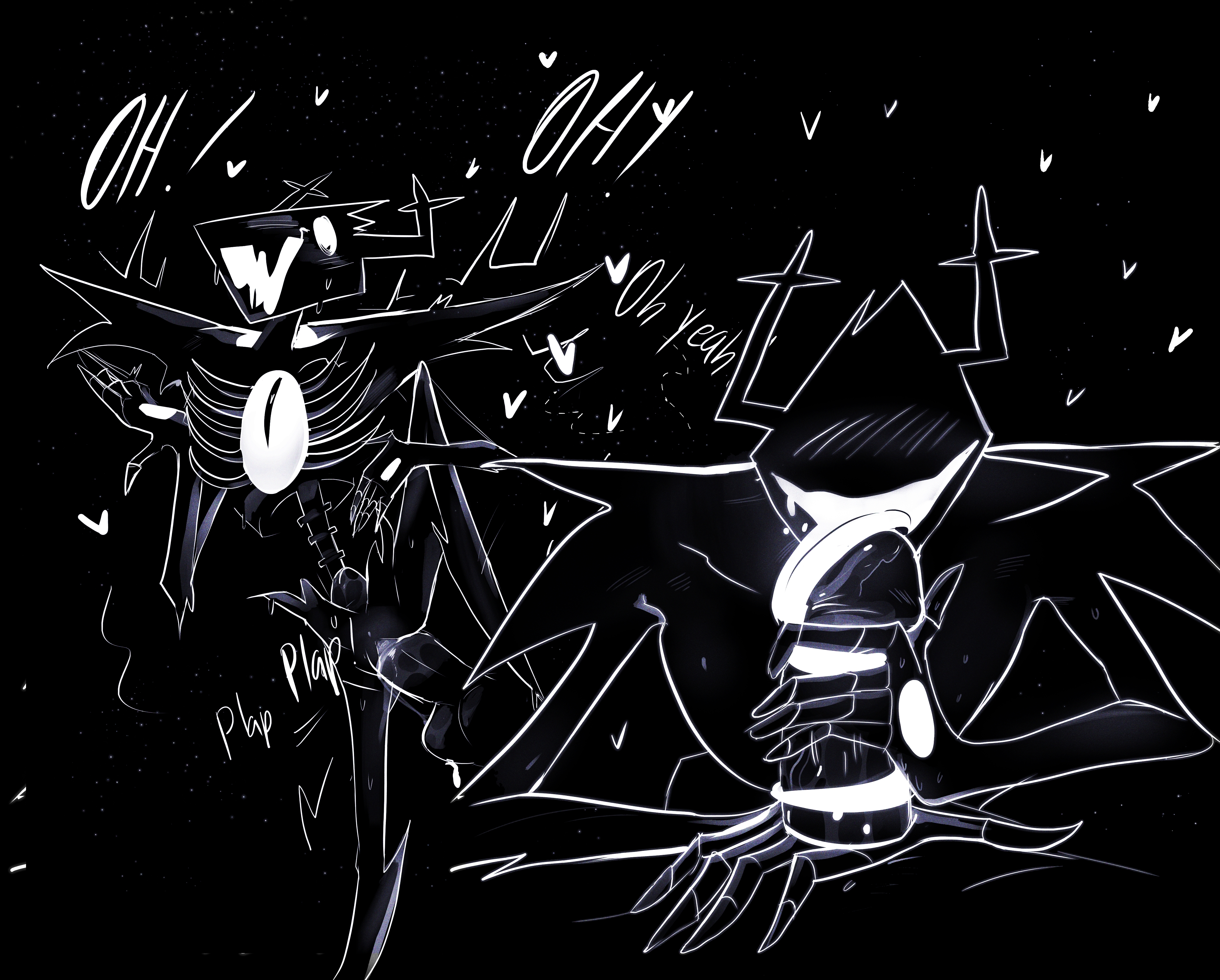 absurd res, ambiguous fluids, anthro, antlers, black and white, black body, bone, deer, deltarune, duo, fellatio, female, genitals, heart symbol, hi res, horn, male, male/female, mammal, monochrome, open mouth, oral, penetration, penile, penis, plap, pussy, ribs, roaring knight, sex, shadow, shadow creature, skeleton, skinny, standing, standing sex, text, tongue, tongue out, undertale (series), vaginal penetration, vulva, witchtheghost