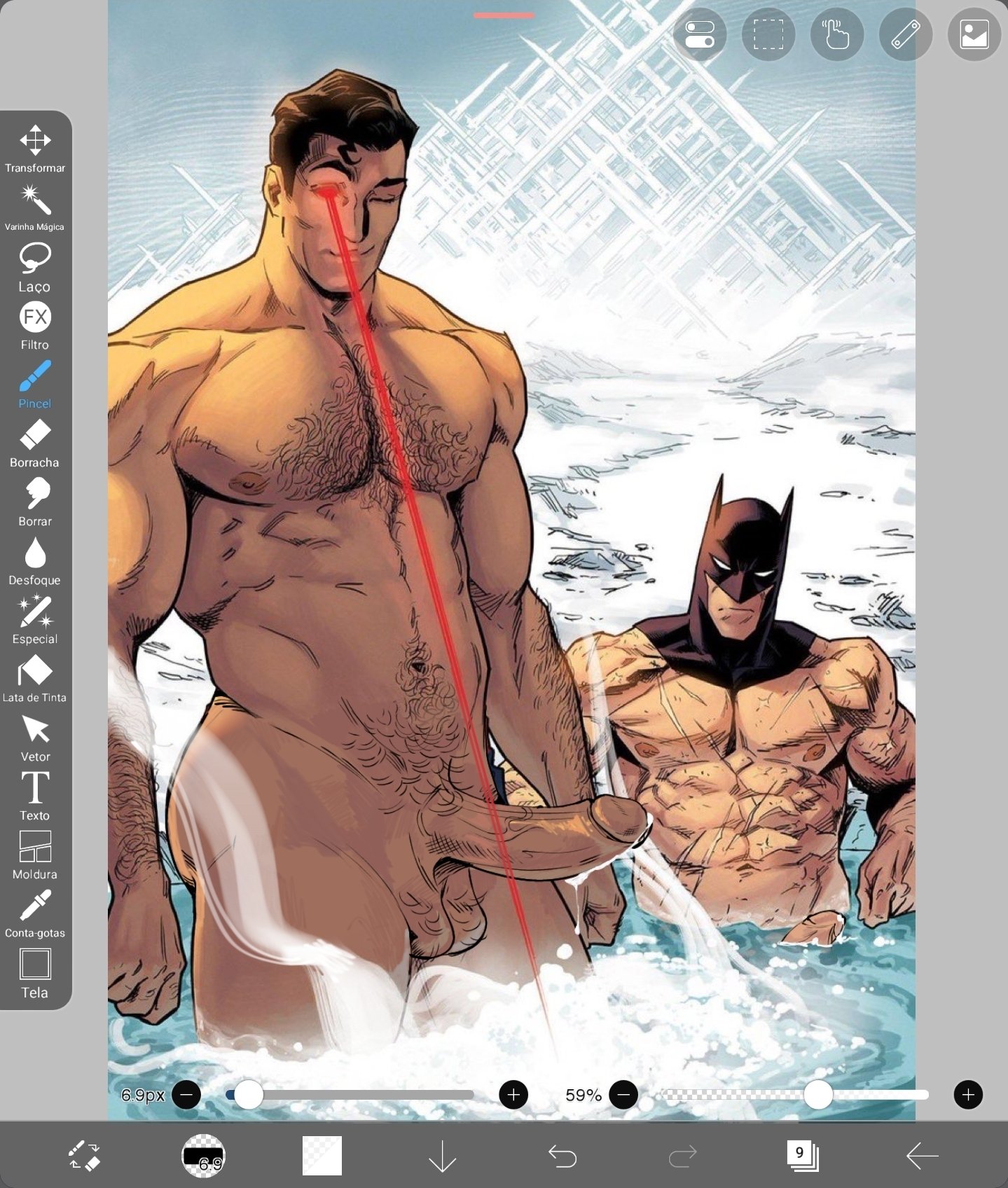 2boys, 2d, 2d (artwork), batman, batman (bruce wayne), bruce wayne, chest, chest hair, clark kent, cock, cum, cum drip, dc, dc comics, edit, edited, edited official artwork, erect penis, gay, hairy chest, hairy male, hard on, ibispaintx, laser, laser eyes, male, male focus, male only, mask, masked, masked male, no sex, one eye closed, penis, powers, pubes, pubic hair, screenshot, superhero, superman, superman (clark kent), superman (series), water