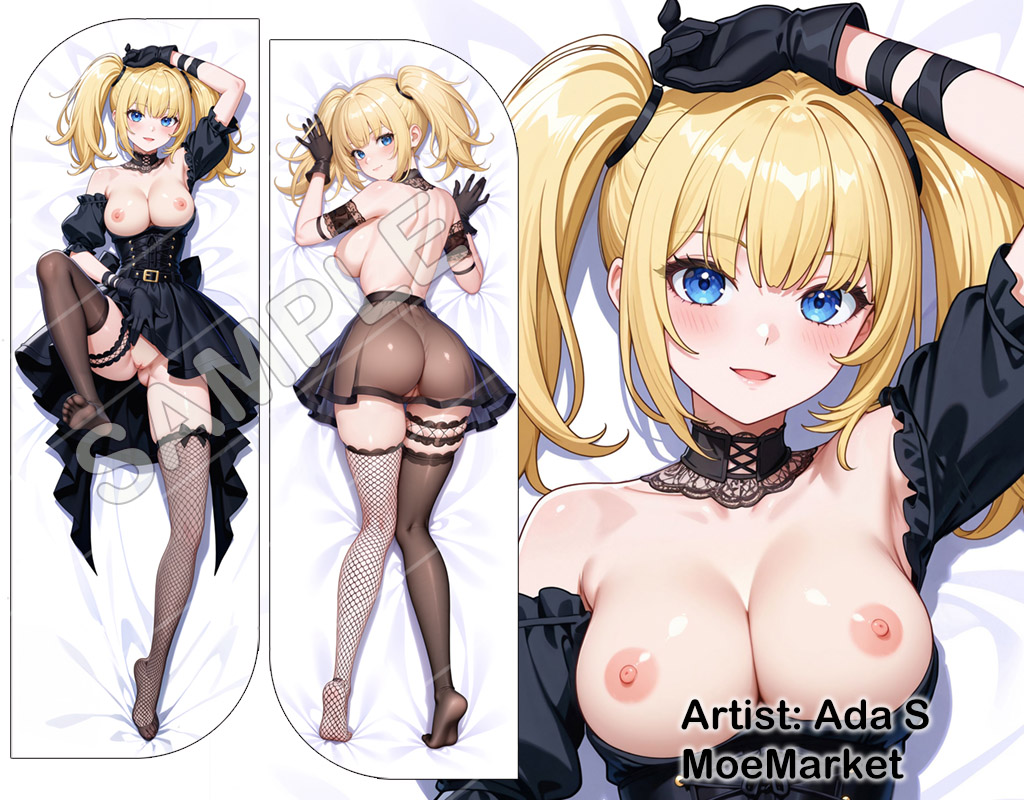 ada s, ai, ai generated, ani (twitter), ani (xai), blonde hair, blue eyes, breasts, breasts out, choker, dakimakura, female, gloves, grok, grok (x), looking at viewer, nipples, pussy, thighhighs, twintails