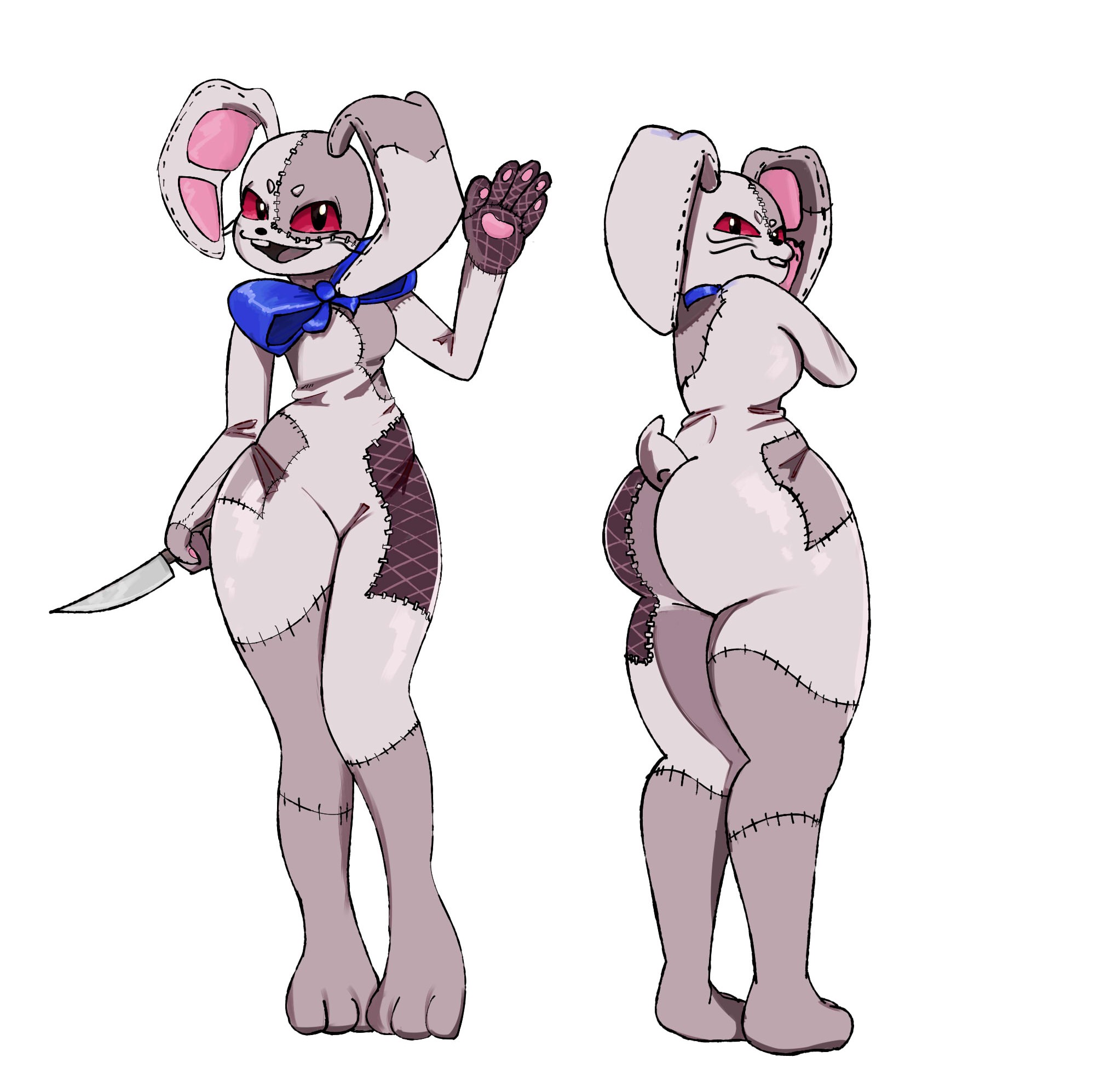 big ass, big thighs, blue bowtie, bunny costume, bunny ears, bunny tail, bunnysuit, costume, dress, female, five nights at freddy's, five nights at freddy's: security breach, furry, fursuit, knife, looking at viewer, looking back, pachalt, red sclera, solo, stitches, thighs, vanny (fnaf)