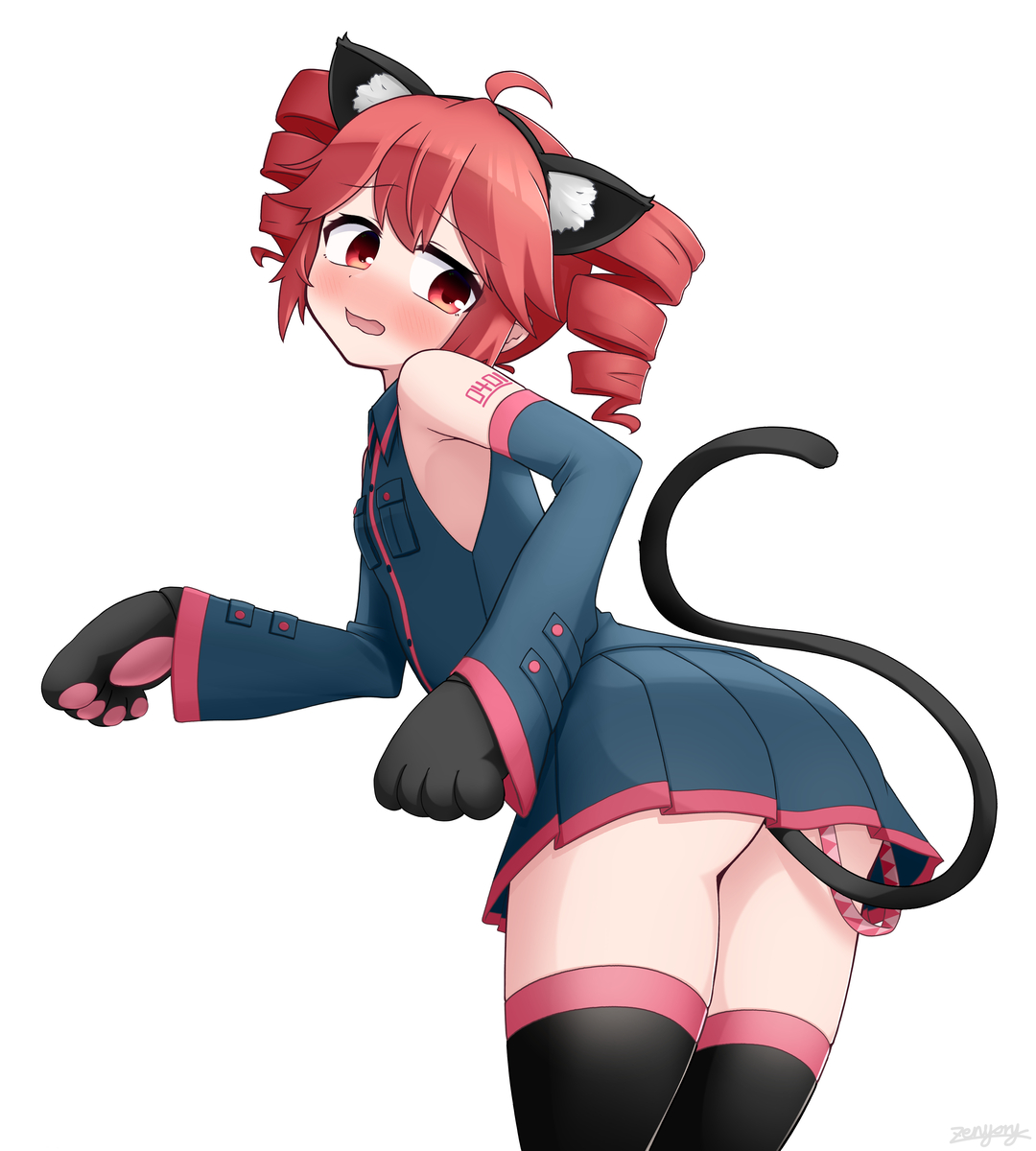 1girls, 2d, 2d (artwork), absolute territory, ahoge, arm tattoo, armpits, ass, big ass, blush, cat ears, cat girl, cat paws, cat tail, catgirl, clothed, clothed female, clothing, detached sleeves, embarrassed, embarrassed female, female, female only, flat chest, fully clothed, kasane teto, large ass, looking back, low-angle view, miniskirt, no panties, open mouth, paws, petite, petite female, red eyes, red hair, skirt, solo, solo female, tattoo, thick thighs, thighs, twin drills, underass, upskirt, utau, wavy mouth, zenyory, zettai ryouiki
