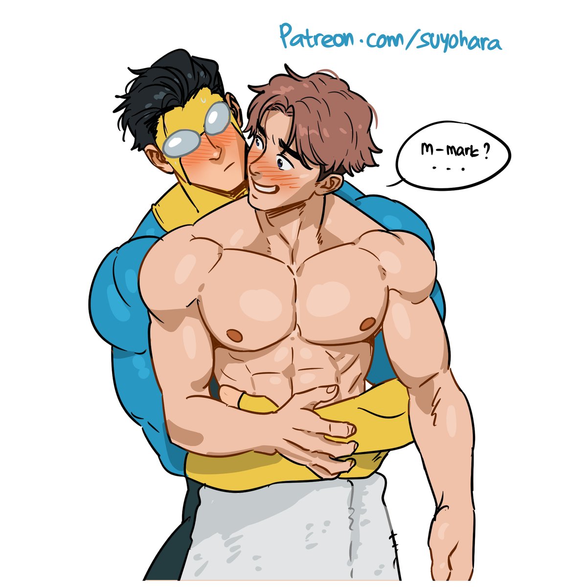 big pecs, blush, gay, hugging, hugging another, hugging from behind, invincible, invincible (superhero), invincible (tv series), male, mark grayson, mask, masked, masked male, muscular, muscular male, suyohara, towel, towel around waist, william clockwell