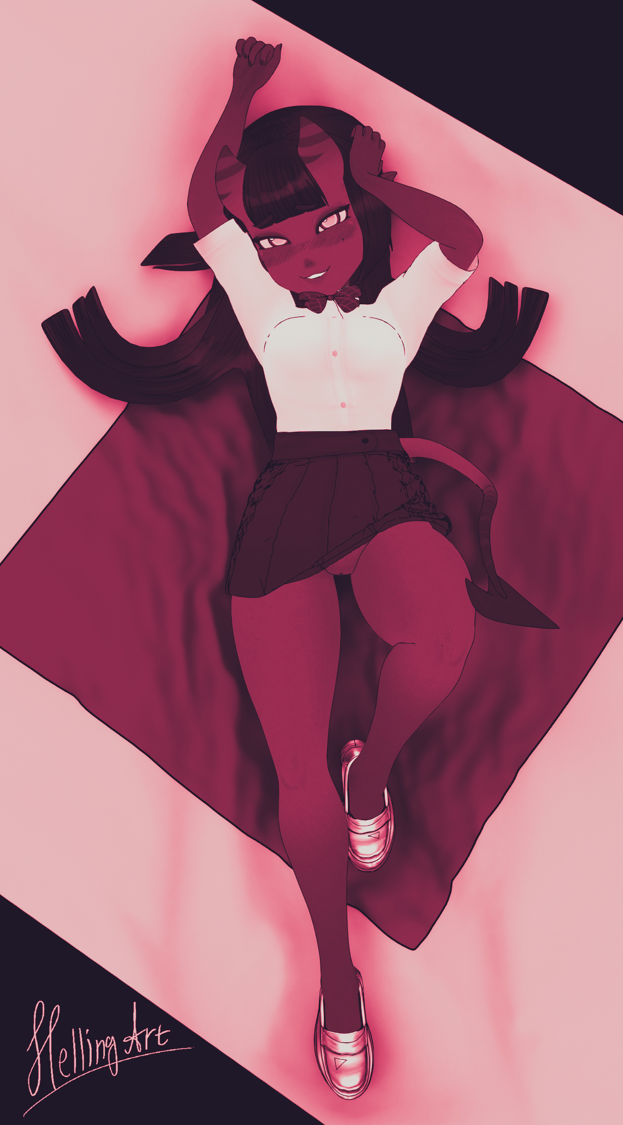 1girls, athletic, athletic female, black hair, clothed, clothing, curves, curvy, curvy body, curvy figure, curvy hips, demon, demon girl, demon horns, female, female focus, female only, hellingart, horns, long hair, looking at viewer, meru (merunyaa), meruccubus (merunyaa), no panties, no panties under skirt, no underwear, on back, pose, posing, pussy, pussy lips, pussy peek, red body, red skin, school uniform, schoolgirl, seductive, seductive eyes, seductive look, seductive pose, showing off, skirt, succubus, tank top, thick thighs, uniform, upskirt, vagina, yellow eyes