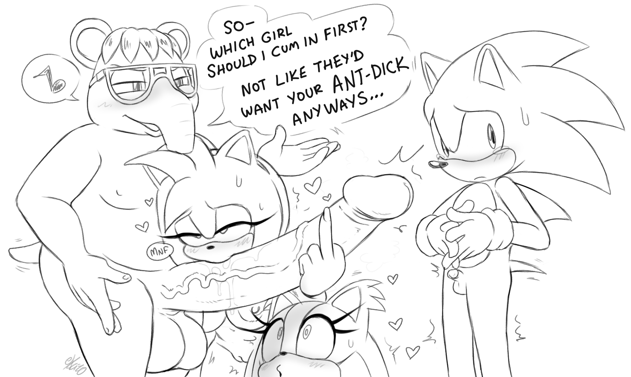 2025, amy rose, cuckold, excito, female, furry, long penis, male, mark the tapir, monochrome, multiple females, multiple girls, penis, penis awe, penis size comparison, penis size difference, small penis humiliation, sonic (series), sonic boom, sonic the hedgehog, sonic the hedgehog (series), speech bubble, sticks the badger