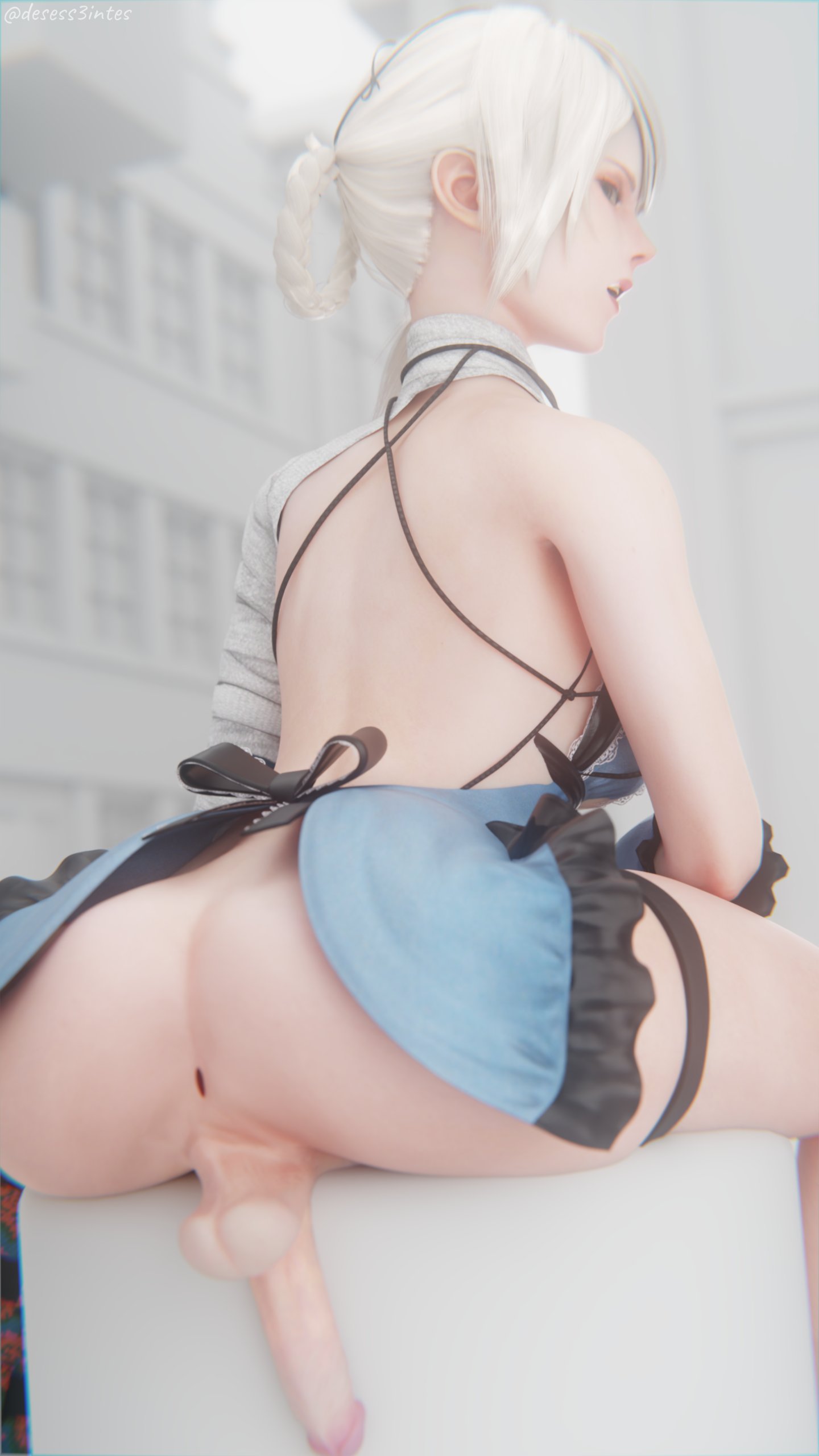 1futa, 3d, 3d (artwork), angry, angry face, anus, ass, backsack, balls, ballsack, blender, blender (artwork), blender (software), breasts, butt, canon futa, clothed, cock-tail, cock-tail chair, desess3intes, futa only, futa sans pussy, futanari, intersex, kaine (nier), looking at viewer, looking back, looking back at viewer, nier, nier (series), nier replicant, penis, perineum, presenting, presenting anus, presenting ass, presenting hindquarters, presenting penis, solo, taint, white hair