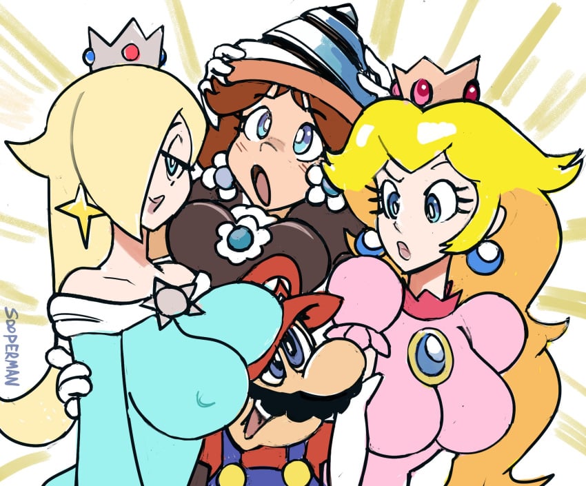 1boy, 3girls, big breasts, blonde hair, breasts, clothed, clothing, confused, crown, dress, drill, drill daisy, drill mushroom, earrings, erect nipples, female, harem, imminent foursome, jewelry, long hair, male, mario, mario (series), multiple females, multiple girls, nintendo, nipple bulge, nipples, nipples visible through clothing, power up, power-up, princess daisy, princess peach, princess rosalina, smaller male, sooperman, super mario bros. wonder, super mario galaxy, tight clothing, yellow hair