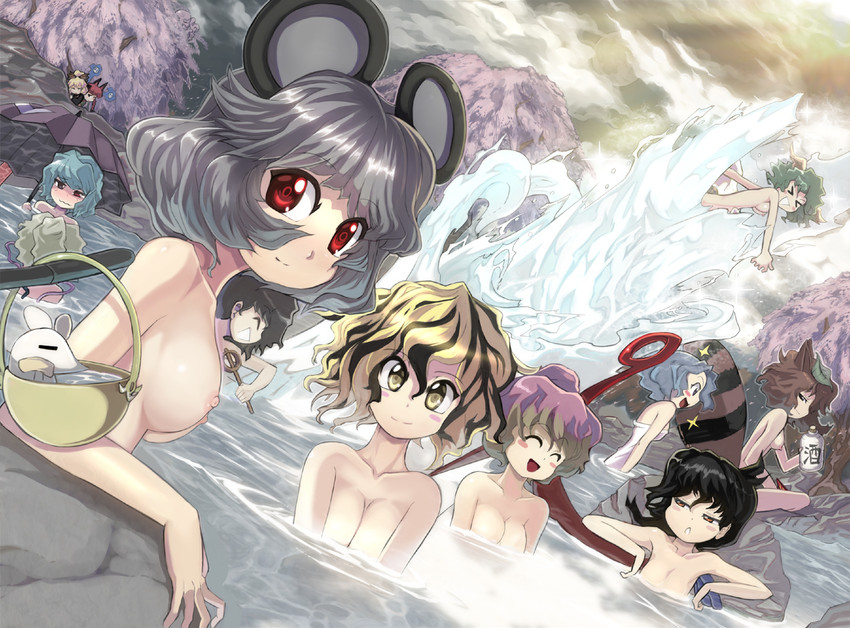 6+girls :d asymmetrical_wings bathing black_hair blonde_hair blue_eyes blue_hair brown_hair cherry_blossoms completely_nude completely_nude_female convenient_censoring gradient_hair grey_hair hijiri_byakuren hot_spring ichirin_kumoi koishi_komeiji kyouko_kasodani looking_at_viewer mamizou_futatsuiwa nazrin nipples nude nude_female nue_houjuu onsen outdoors ponytail purple_hair red_eyes red_hair rin_kaenbyou short_hair smile smiling_at_viewer smug toramaru_shou touhou unzan water waterfall xd yamame_kurodani yellow_eyes