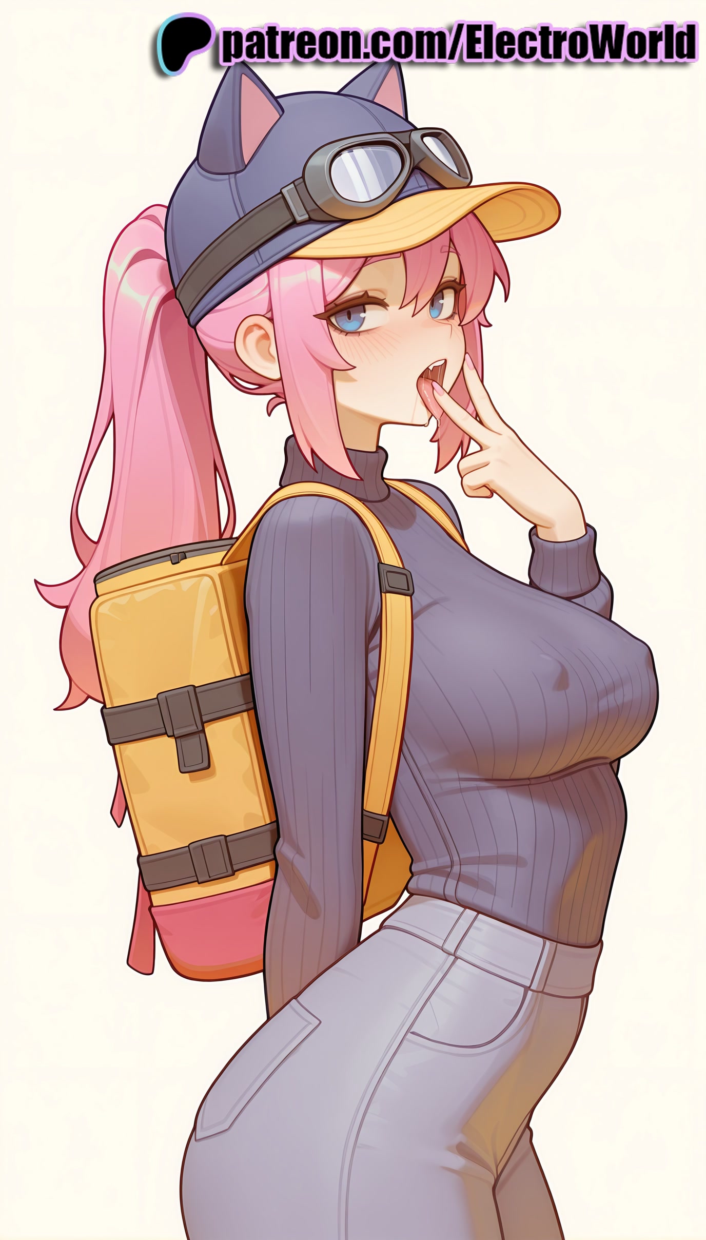1girls, 2025, 2d, ai generated, animal ears, artist name, backpack, bag, blue eyes, breasts, bust, chest, electroworld, eyewear on head, female, female only, goggles, goggles on head, gradient, gradient background, hat, hi res, high quality, high resolution, highres, human, human female, human only, long hair, patreon, patreon username, pink hair, ponytail, ribbed sweater, solo, stable diffusion, steam (software), steam delivery girl, sweater, tongue, tongue out, valve (company), valve corporation, watermark