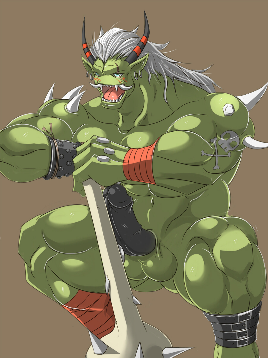 abs balls biceps black_penis blue_eyes blush bone crouching digimon ear_piercing erection fangs hair horn male male_only muscles ogre ogremon open_mouth penis piercing solo spikes tattoo teeth tongue unknown_artist vein weapon white_hair