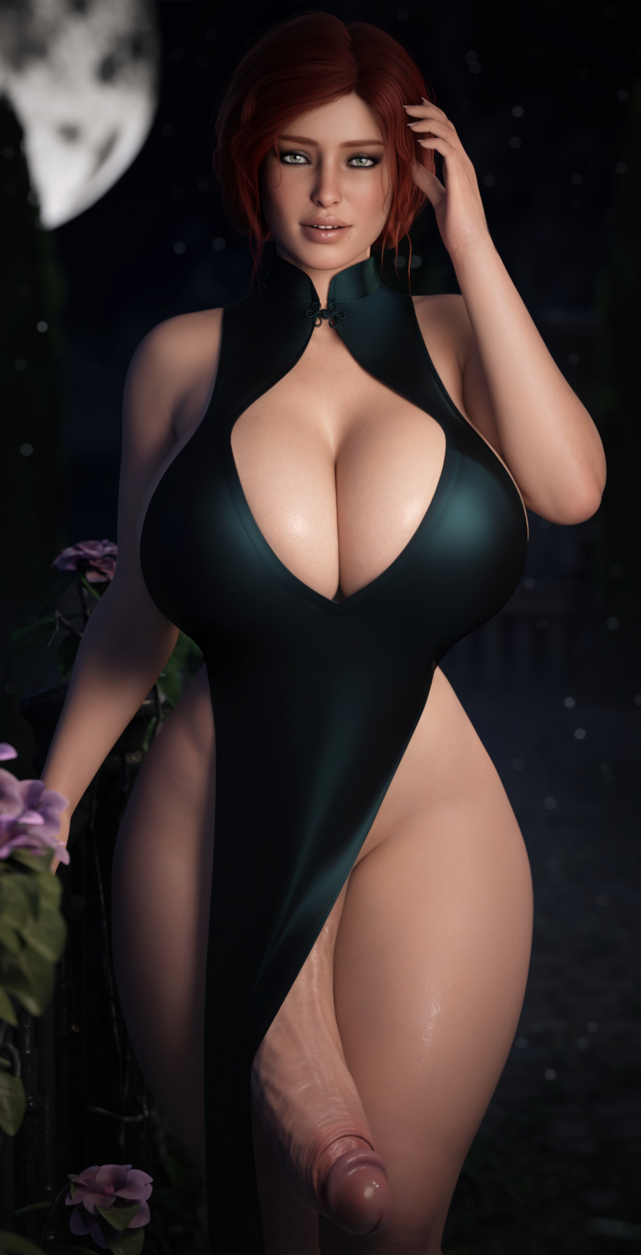 1futa, 3d, 3d (artwork), big breasts, big penis, breasts, casual erection, casual exposure, casual nudity, curved penis, erect penis, erection, futa only, futanari, ineffective clothing, intersex, mostly nude, penis, red hair, solo, stevencarson, the witcher (series), the witcher 3: wild hunt, triss merigold