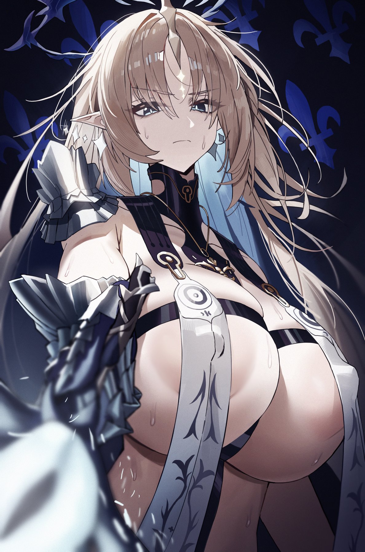 areola slip, areolae, blue eyes, breasts, breasts bigger than head, dotthebot, elf ears, female, fleurdelys (wuthering waves), huge breasts, inner sideboob, large breasts, looking at viewer, massive breasts, nipple bulge, sideboob, solo, solo female, tagme, wuthering waves