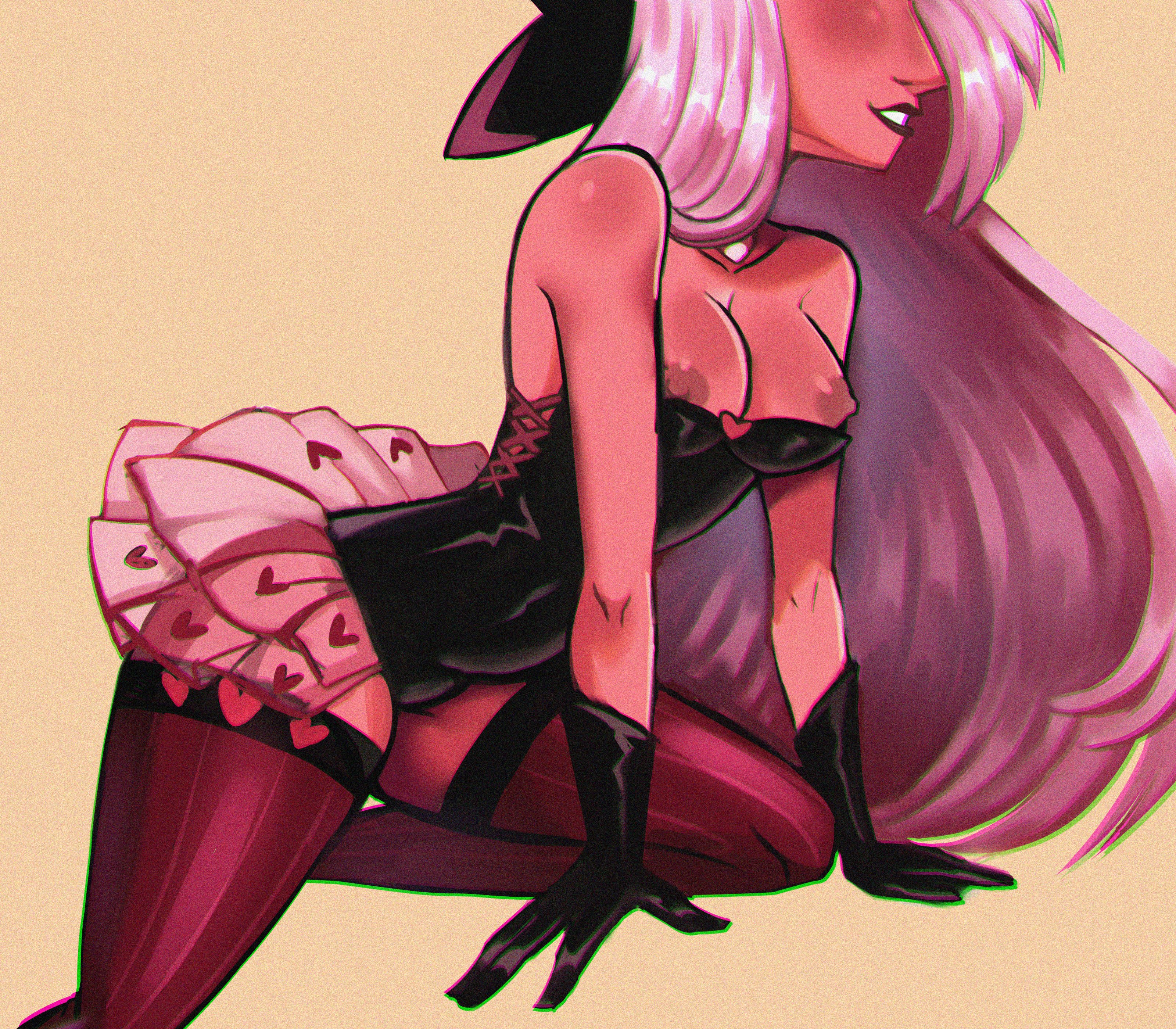 breasts, clothed, clothing, deniellelev, female, female only, hazbin hotel, nipples, open mouth, open smile, partially clothed, simple background, smile, teeth, thick thighs, vaggie (hazbin hotel), white hair