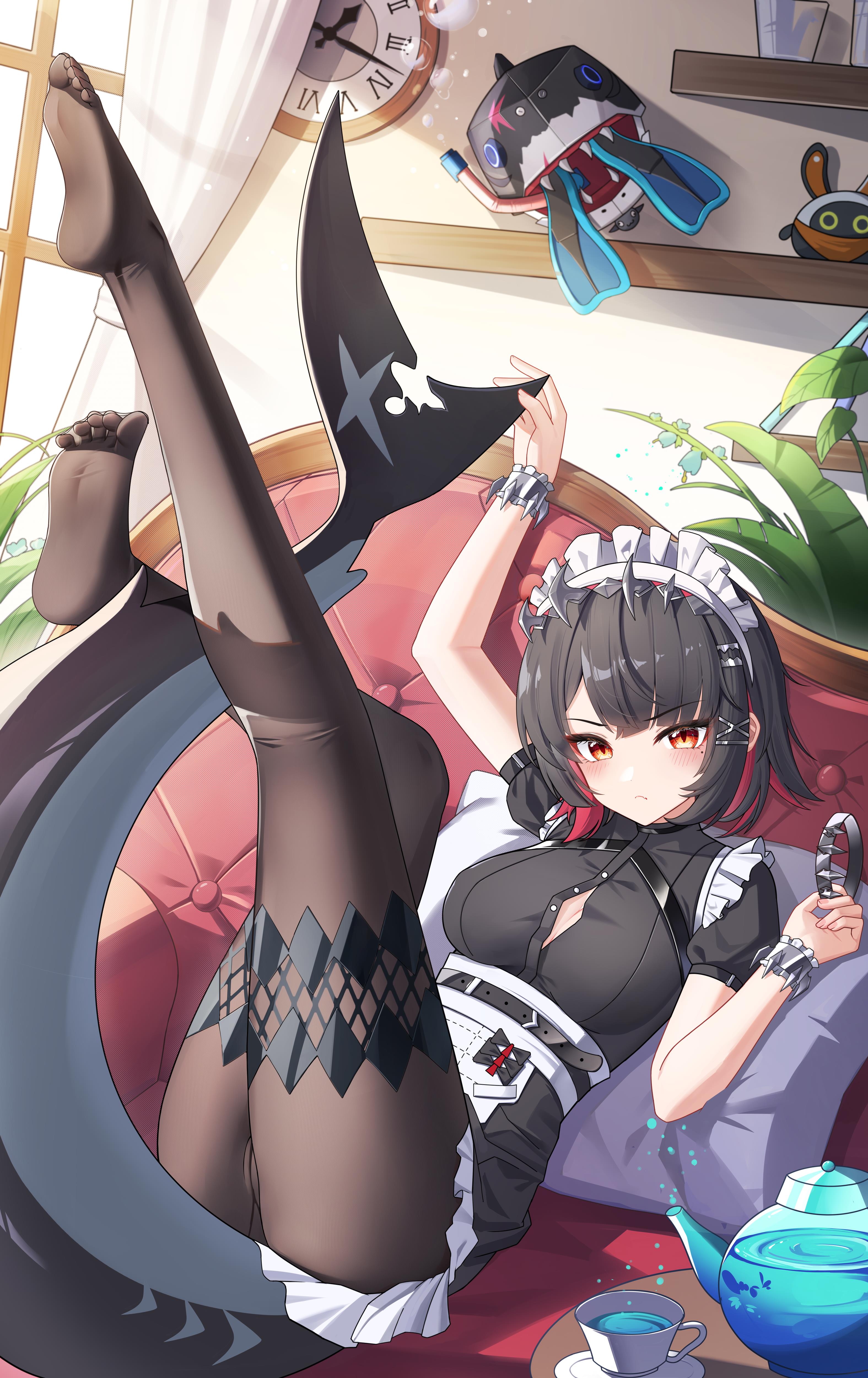 absurdres, black dress, black hair, breasts, colored inner hair, dress, ellen joe, feet, female, fins, fish tail, frilled wristband, highres, jndfh, looking at viewer, maid, maid headdress, metal hairband, mole, mole under eye, multicolored hair, nipples, pantyhose, puffy short sleeves, puffy sleeves, red eyes, red hair, red nails, shark girl, shark tail, short hair, short sleeves, spiked headband, tail, victoria housekeeping, zenless zone zero