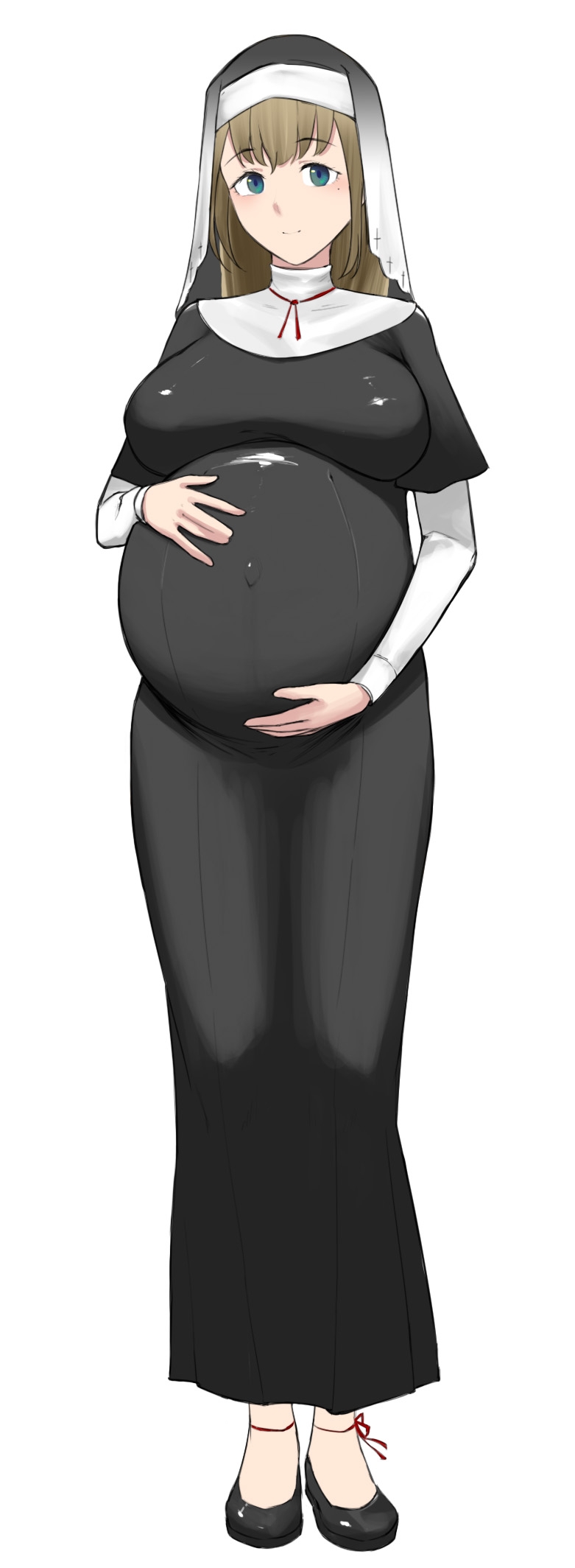 big breasts, blonde hair, blue eyes, full body, habit, holding belly, inonice01, long hair, looking at viewer, maternity clothes, maternity dress, nun, nun outfit, nun's habit, original, outie navel, pregnant, ready to pop, smile, standing