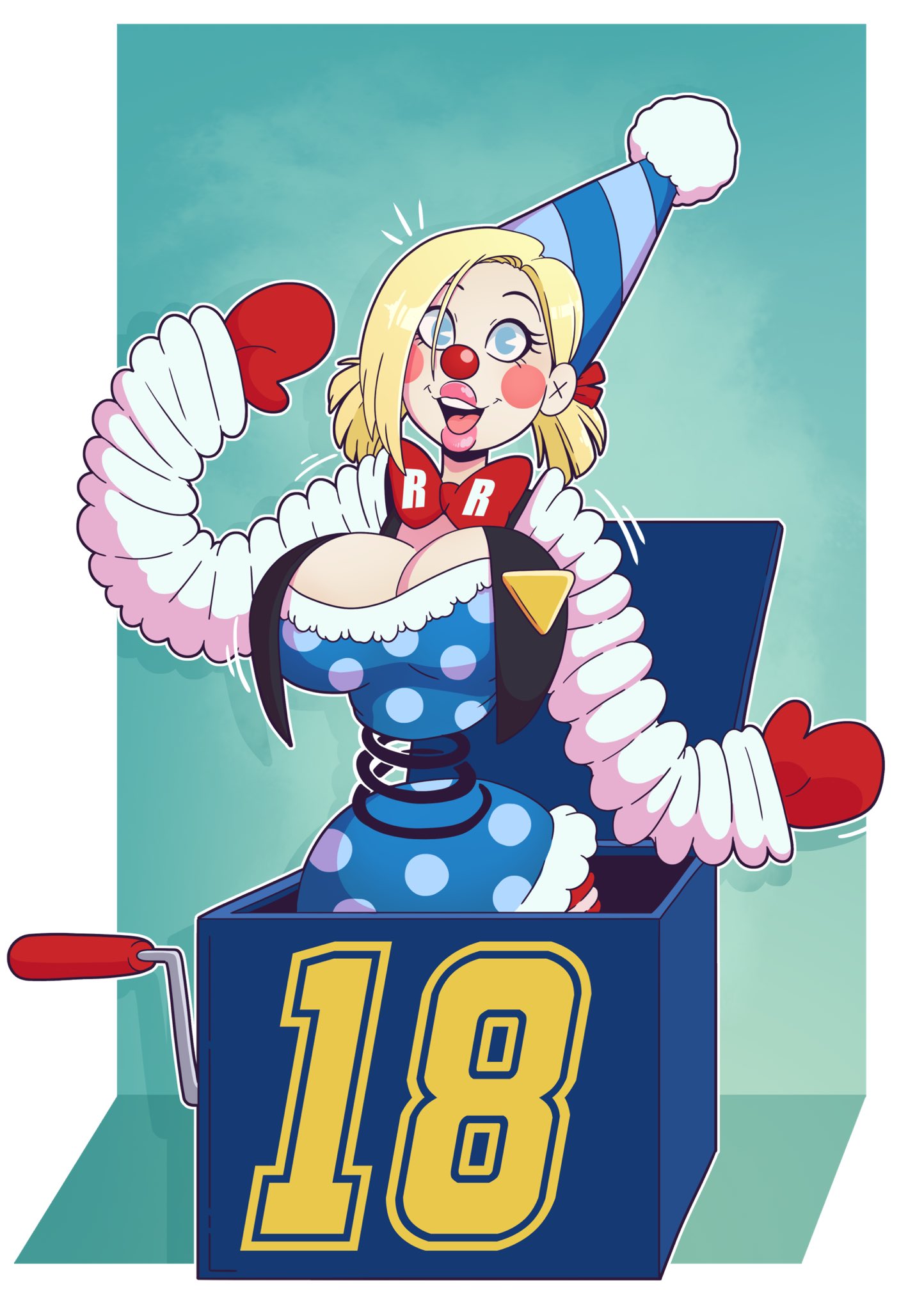 1girls, android 18, big breasts, blonde hair, breasts, breasts bigger than head, cleavage, clown, clown girl, clown makeup, clown nose, clownification, dragon ball, dragon ball z, female, huge breasts, jack in the box, jack in the box (toy), objectification, pac-man eyes, wrenzephyr2