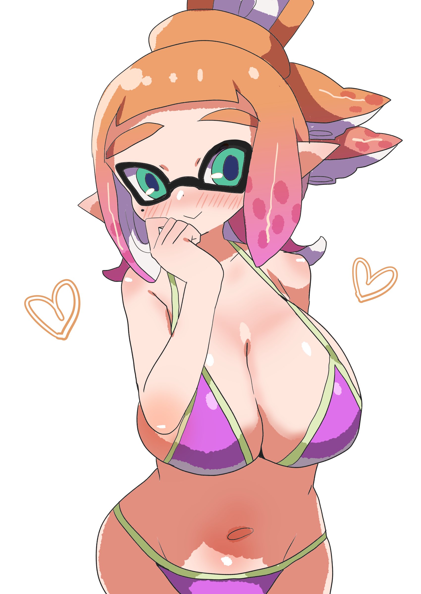 1girls, bikini, blush, breasts, cleavage, female, green eyes, inkling, inkling girl, large breasts, looking at viewer, mole, mole under eye, navel, nintendo, orange hair, pointy ears, purple bikini, renoa yu, school uniform, simple background, splatoon, splatoon (series), splatoon 2, tentacle hair, white background