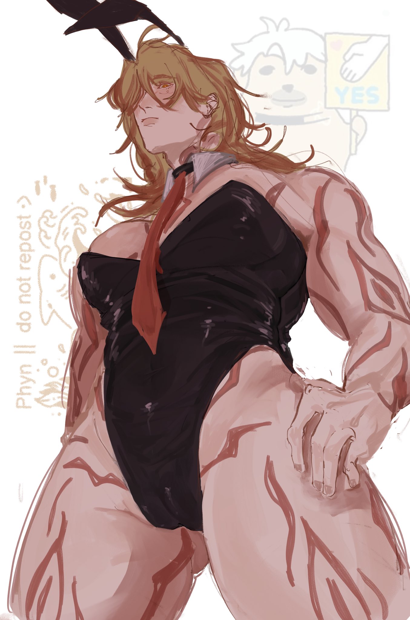 1cuntboy, bunny ears, bunnysuit, crossdressing, cuntboy, cuntboy only, gay, honkai: star rail, intersex, male, male only, muscular, muscular cuntboy, muscular male, mydei (honkai: star rail), phainon (honkai: star rail), tie, yaoi