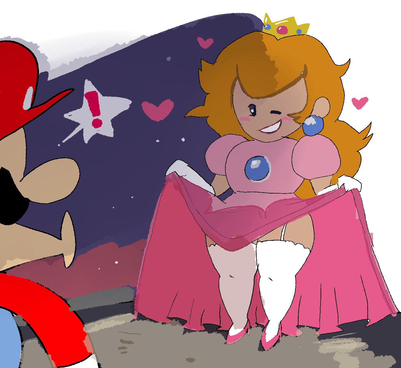 !, 1boy, 1girls, clothing, crown, dress, dress lift, duo, female, female focus, female/male, forbiddenchees8, imminent sex, inviting to sex, light skin, light-skinned female, light-skinned male, male, male/female, mario, mario (series), nintendo, paper mario, paper mario (character), paper peach, princess peach, smiling, suggestive look, tagme, wink
