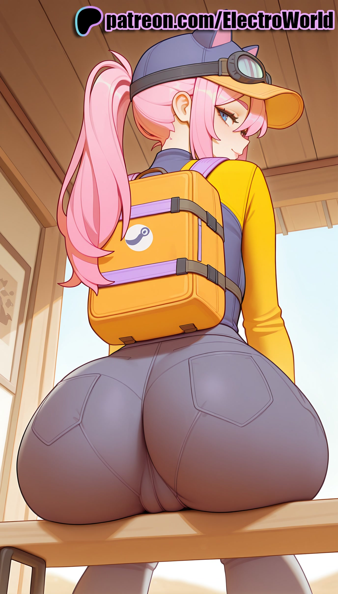 1girls, 2025, 2d, ai generated, artist name, ass, bag, blue eyes, electroworld, eyewear on head, female, female only, hat, hi res, high quality, high resolution, highres, human, human female, human only, patreon, patreon username, pink hair, ponytail, solo, stable diffusion, steam (software), steam delivery girl, valve (company), valve corporation, watermark