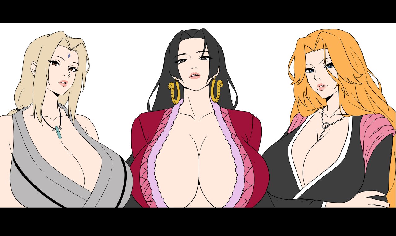 3girls, big breasts, black hair, bleach, bleach: the thousand-year blood war, blonde hair, boa hancock, breasts, cleavage, crossover, earrings, female, female only, huge breasts, jewelry, long hair, looking at viewer, matsumoto rangiku, mole, multiple girls, naruto, naruto (series), naruto shippuden, necklace, one piece, orange hair, tagme, tsunade, tsunade (naruto), zinfian