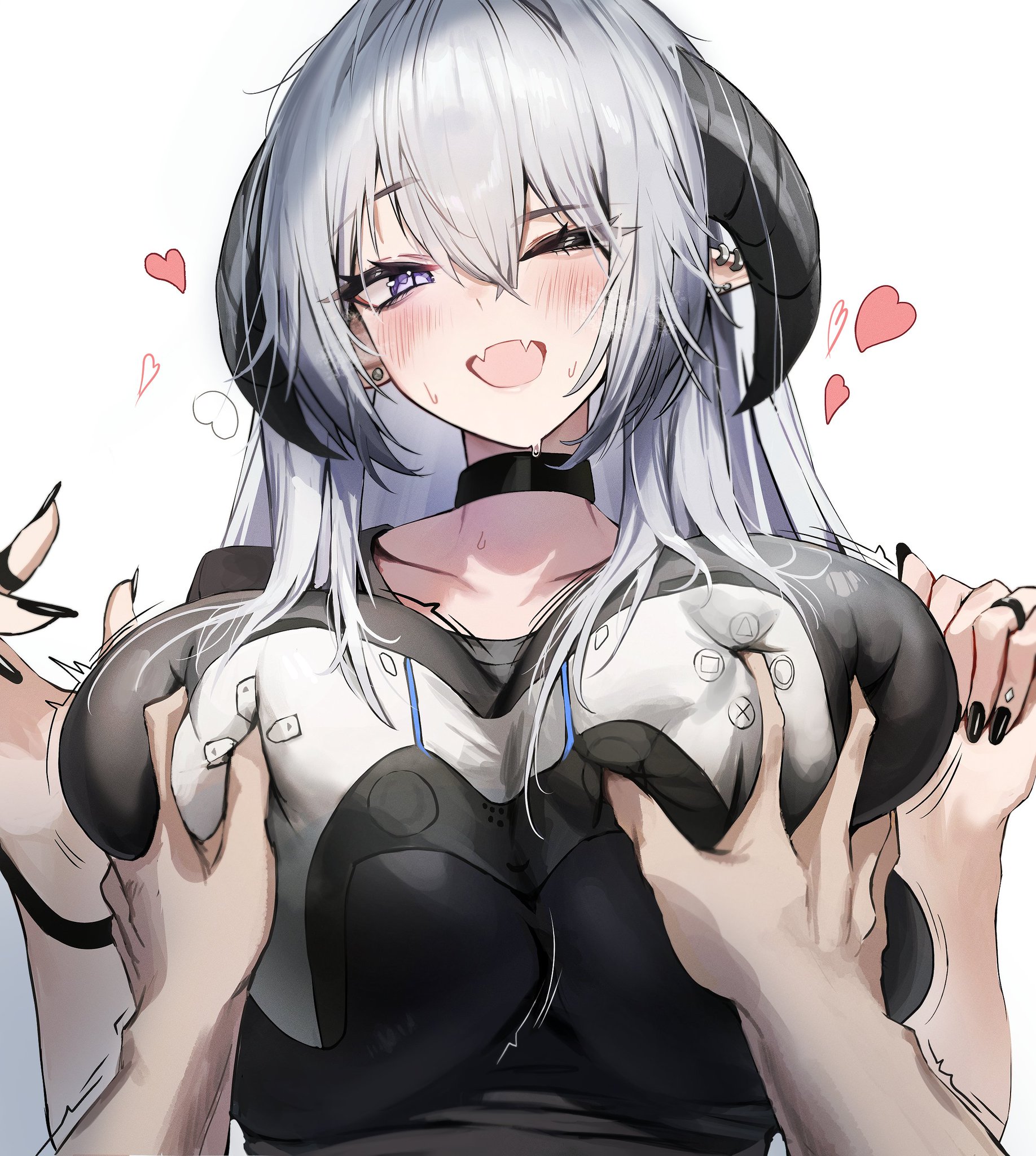 black nails, blush, breast grab, breasts, breasts bigger than head, controller, controller shirt, dotthebot, double breast grab, fangs, female, female focus, game controller, game controller print, heart, horns, huge breasts, large breasts, massive breasts, pleasure face, purple eyes, shirt, tagme, valenia (dotthebot), white hair