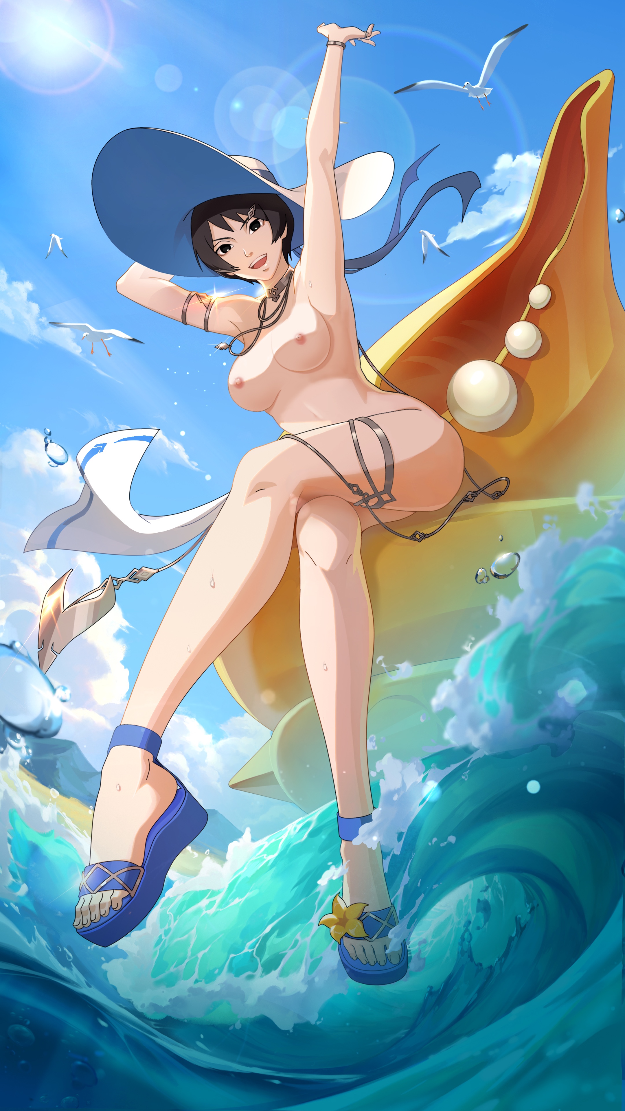 1girls, arm behind head, arms up, ass support, bangs, beach, black eyes, black hair, blue sky, boruto: naruto next generations, breasts, crossed legs, curvaceous, curvy, curvy body, curvy female, curvy figure, detached collar, detached sleeves, edit, female, female focus, female only, flower, from below, front view, full body, hat, heels, high heels, high resolution, jewelry, kurotsuchi, looking at viewer, matching hair/eyes, mature, mature female, medium breasts, milf, naked footwear, naked with shoes on, naruto, naruto (series), naruto mobile, necklace, nipples, nude edit, nude filter, official art, open mouth, outdoors, pearls, pinup, pixie cut, platform footwear, platform sandals, sandals, sea, seagull, seaside, shell, short hair, sitting, small breasts, smile, solo, summer, summer hat, sunlight, third-party edit, tsuchikage, water, waves, wedge heels