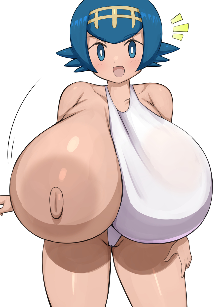 1girls, alternate breast size, big areola, big nipples, blue eyes, blue hair, breasts, exposed breasts, female, gigantic breasts, huge breasts, hyper, hyper breasts, jaga334, lana (pokemon), one breast out, pokemon, presenting, presenting breasts, short hair, simple background, smile, solo, thick thighs, wide hips