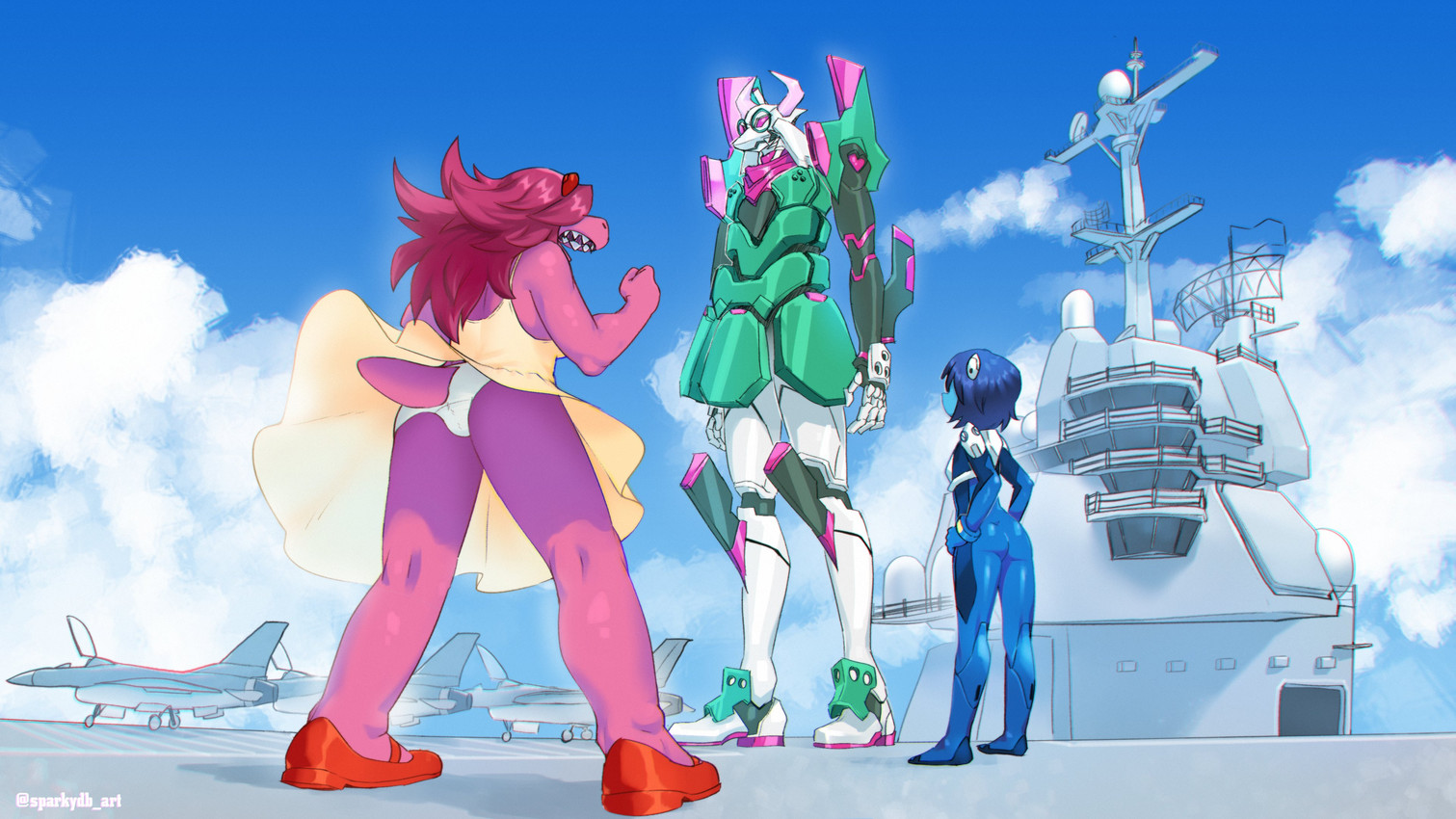 16:9, 2021, 2d, 2d (artwork), 4k, absurd res, aircraft, aircraft carrier, anthro, asuka langley sohryu (cosplay), battleship, clothed, clothing, cloud, crossover, deltarune, dino girl, dinosaur, dress, female, furry, goes hard, group, hair, hi res, human, humor, kris (deltarune), kris where are we, machine, male, mammal, mecha, meme, neon genesis evangelion, outside, panties, panty shot, parody, plugsuit, purple body, purple hair, questionable, ralsei, ralsei with white fur, reference, scalie, shinji ikari (cosplay), ship, signature, sky, sparkydb, sundress, susie (deltarune), trio, tsundere, undertale (series), underwear, upskirt, vehicle, warship, watercraft, white clothing, white panties, white underwear, widescreen