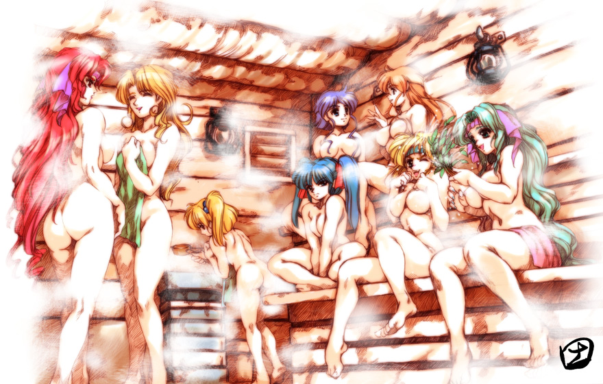 ass barefoot blonde_hair blue_hair breast_suppress breasts character_request closed_eyes feet female green_hair headband hisahiko long_hair lune_zoldark mio_sasuga monica_grania_billseia monica_grania_bilseia multiple_girls nail_polish nude orange_hair presia_zenoskis purple_hair red_hair sauna senia_grania_billseia short_hair sitting standing steam super_robot_wars super_robot_wars_the_lord_of_elemental tied_hair towel tudy_rasm_iknart twintails tytti_norback wendy_rasm_iknart wink xenia_grania_bilseia