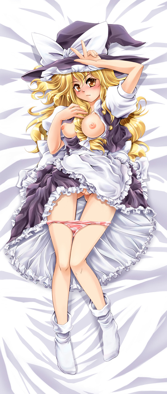 blush braid breasts dakimakura dress dress_lift female footwear hat highres human lying marisa_kirisame nipples open_clothes open_shirt panties panty_pull pussy shirt single_braid socks touhou uncensored underwear windart witch_hat