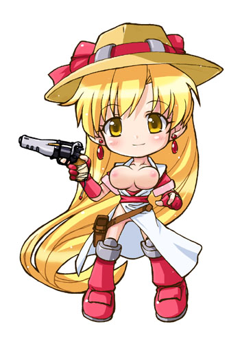 1girls big_head blonde_hair breasts chibi clothing earrings female firearm grenadier gun handgun human jewelry long_hair lowres nipples pale_skin revolver rushuna_tendo very_long_hair weapon yellow_eyes