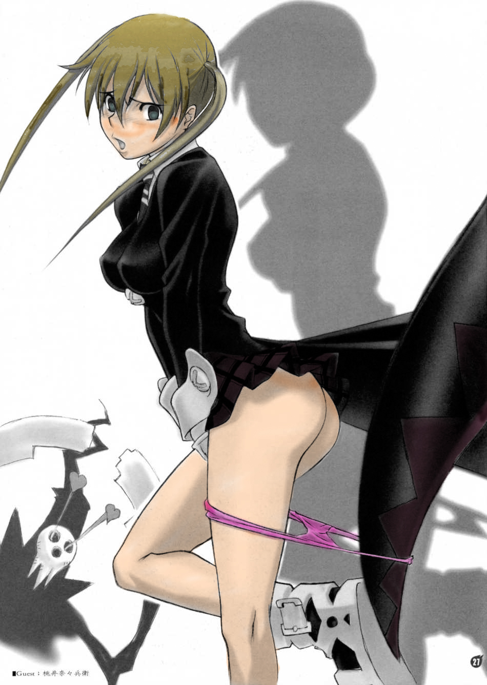 ass blonde_hair boots breasts clothing highres legs maka_albarn mini miniskirt open_mouth panties panty_pull pink pink_panties shadow shinigami_sama skirt soul_eater tied_hair twintails