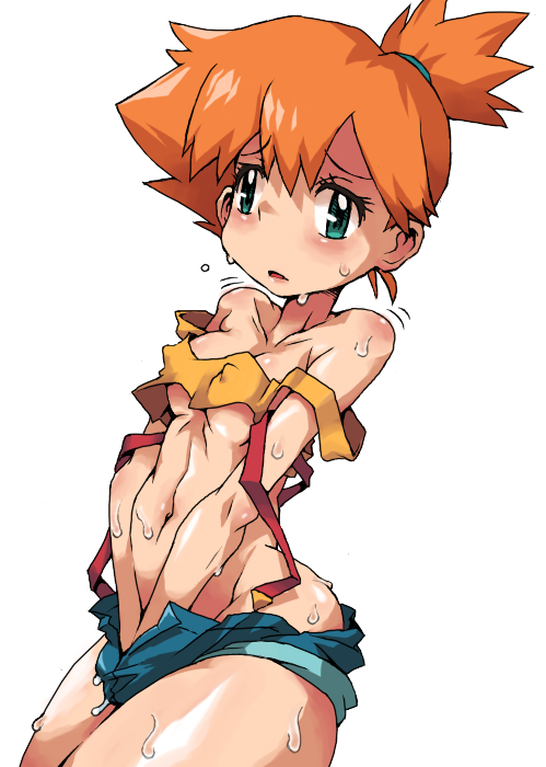 bad_censor censored cleavage covered_nipples covering covering_crotch erect_nipples female female_only green_eyes hand_in_pants hand_in_shorts human human_only hun kasumi_(pokemon) masturbation midriff no_panties orange_hair perky_nipples petite petite_body petite_breasts petite_female pokemon pokemon_(anime) ponytail shorts simple_background solo suspenders sweat tied_hair underboob white_background young young_female young_woman