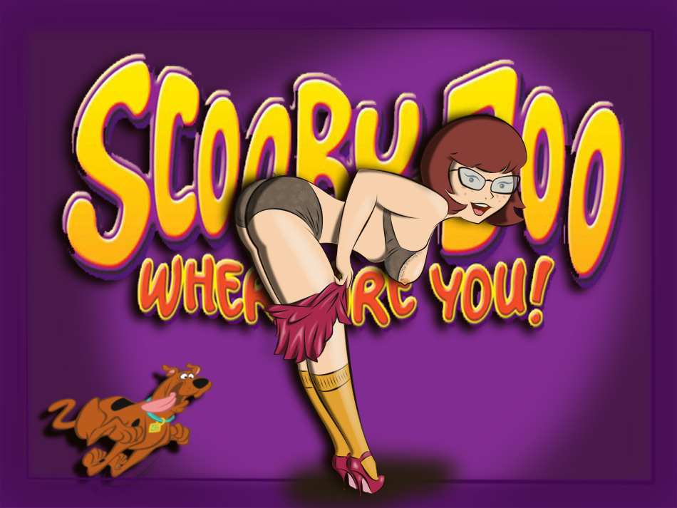 bent_over black_bra black_panties bra brown_hair exposed_breasts female glasses hanna-barbera human nipples panties scooby-doo scooby-doo_(character) short_hair solo velma_dinkley yumibow