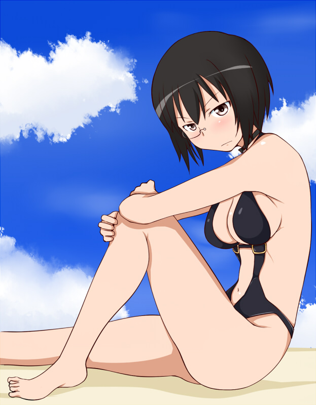 black_hair brown_eyes cleavage female girls_und_panzer kawashima_momo short_hair tagme