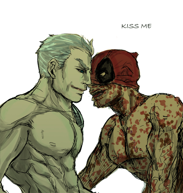 2boys abs aqua_eyes cable_(x-men) deadpool gay male male_nipples male_only marvel muscles nathan_summers nude pecs wade_wilson white_hair x-force x-men yaoi