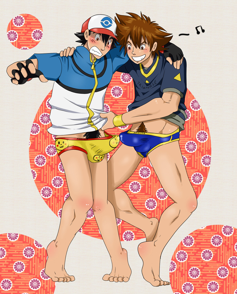 2boys aosuka ash_ketchum color crossover digimon digimon_adventure erection erection_pushing_underwear gay human human_only male male_only multiple_males nintendo pokemon puberty pubic_hair satoshi_(pokemon) taichi_yagami underwear undressing yaoi