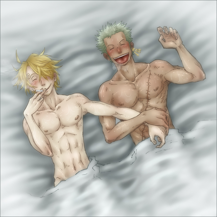 2boys after_sex human male male_only multiple_males one_piece roronoa_zoro sheet syb tagme topless vinsmoke_sanji yaoi