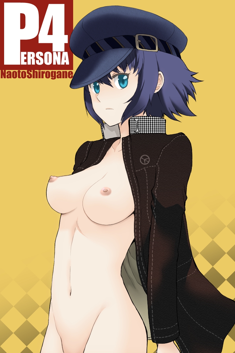 aqua_eyes breasts casual character_name clothing female gakuran hat headwear high_resolution human kikumaru_bunta looking_at_viewer nipples nude open_clothes outerwear pale_skin persona persona_4 purple_hair school_uniform shirogane_naoto short_hair title_drop