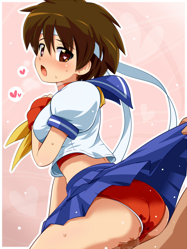 1girls blush brown_eyes brown_hair buruma censored female fingerless_gloves gloves grinding headband heart heart-shaped_pupils konpeto mosaic_censoring outercourse penis pussy_juice sakura_kasugano school_uniform sex short_hair skirt solo_focus spoken_heart street_fighter sweatdrop symbol-shaped_pupils wet_buruma