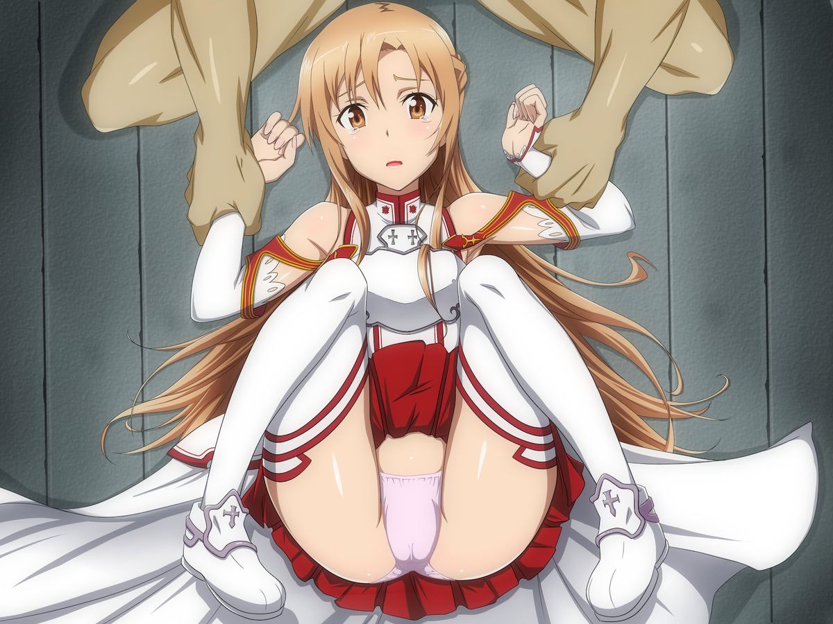 arm_grab armpits bare_shoulders brown_eyes brown_hair cameltoe clothed_female_nude_male crotch female forced forced_exposure held_down holding imminent_rape indoors knights_of_the_blood_(sao) long_hair looking_at_viewer lying miniskirt on_back on_floor open_mouth panties parted_lips restrained skirt skirt_lift sword_art_online tears thighhighs underwear white_legwear yuuki_asuna