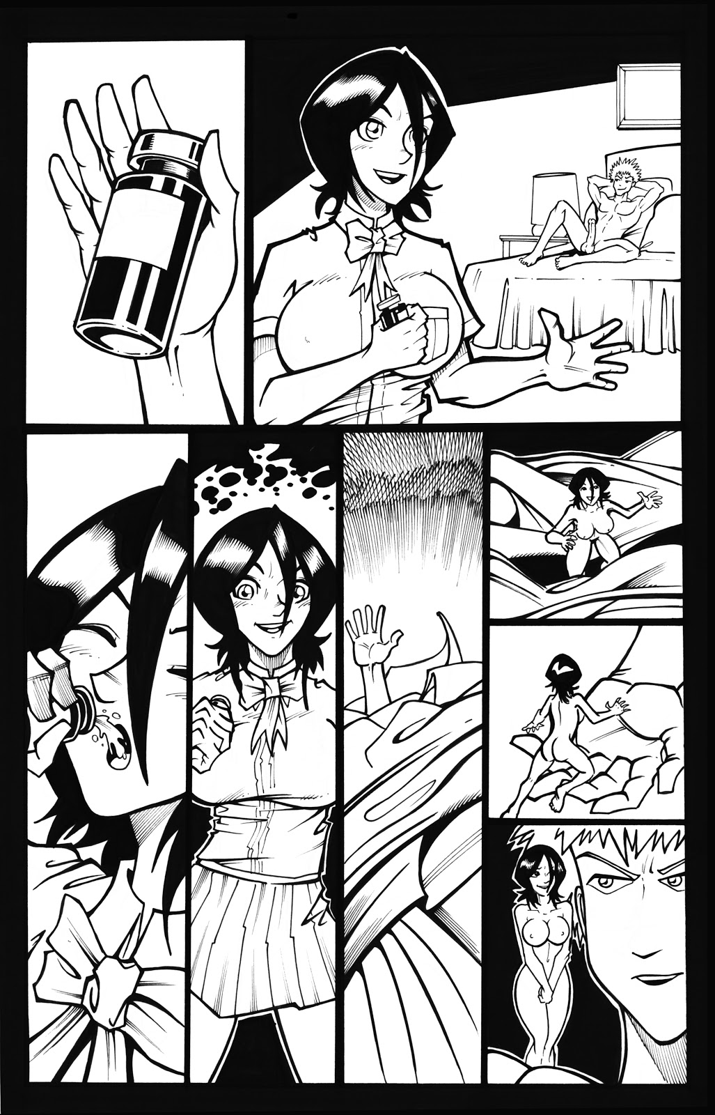 1boy 1girls black_hair bleach breasts comic female ichigo_kurosaki kuchiki_rukia large_breasts male minigirl monochrome school_uniform shrink size_difference splutt