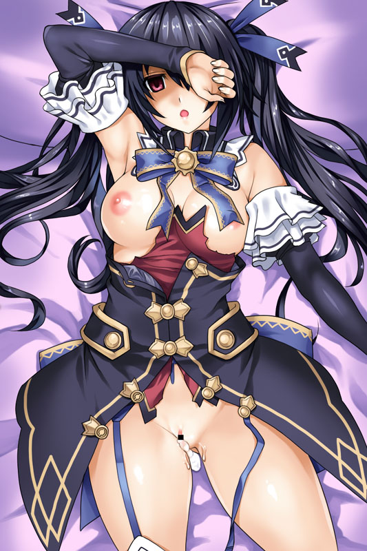 after_sex breasts cum kamia_(not_found) long_hair looking_at_viewer lying neptunia_(series) nipple nipples noire on_back open_mouth pigtail pussy red_eyes