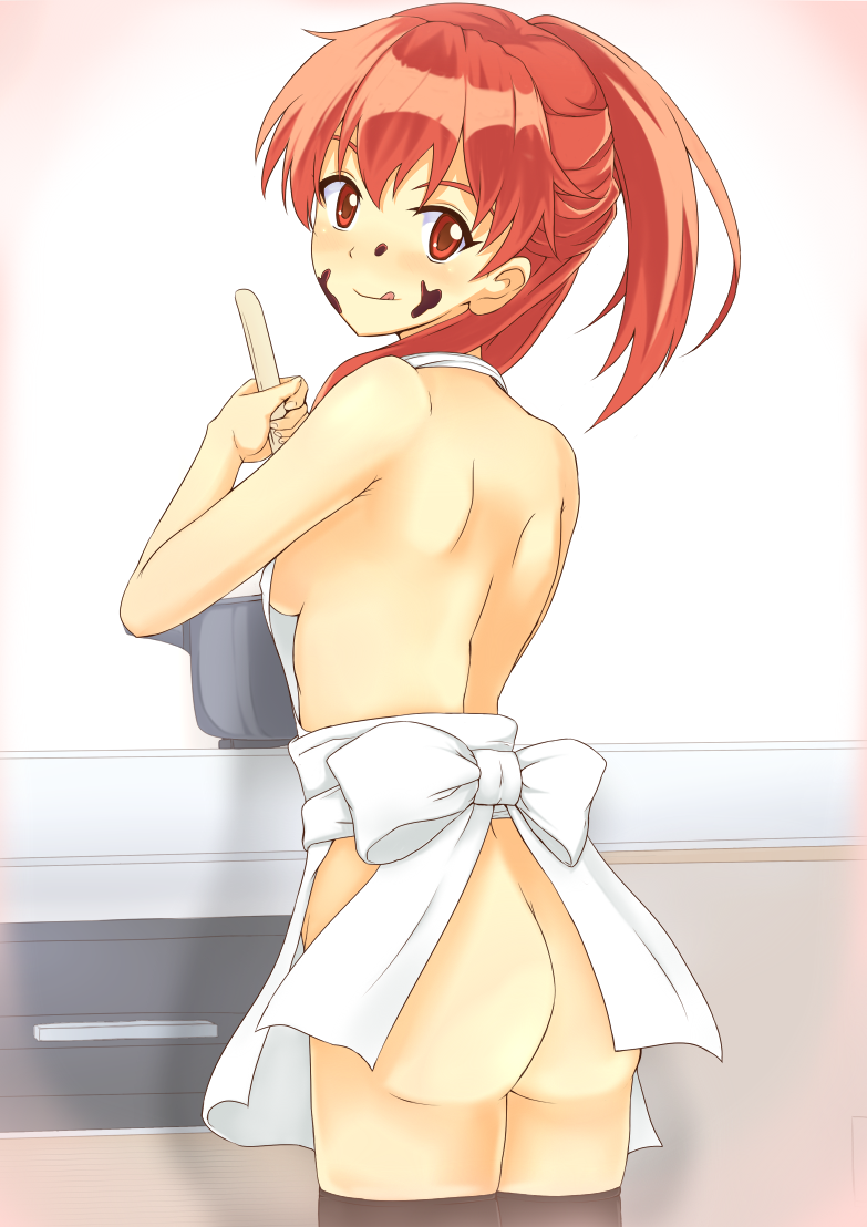 1girls :q ass blush breasts chocolate female indoors looking_at_viewer naked_apron ponytail red_eyes red_hair sasami-san@ganbaranai sideboob solo thighhighs tied_hair yagami_tsurugi