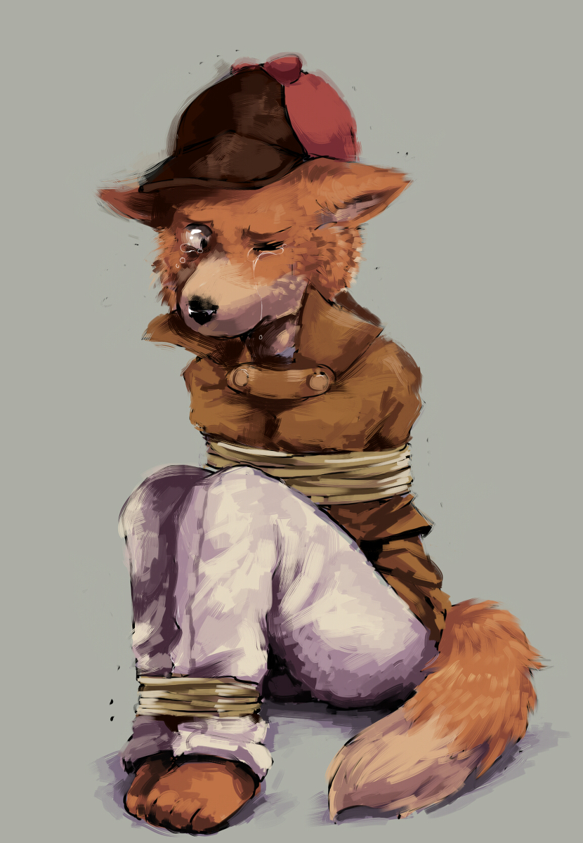 ambiguous_gender anthro bondage bound canine closed_eyes clothes coat fox hat mammal miri open_mouth peeing plain_background tear