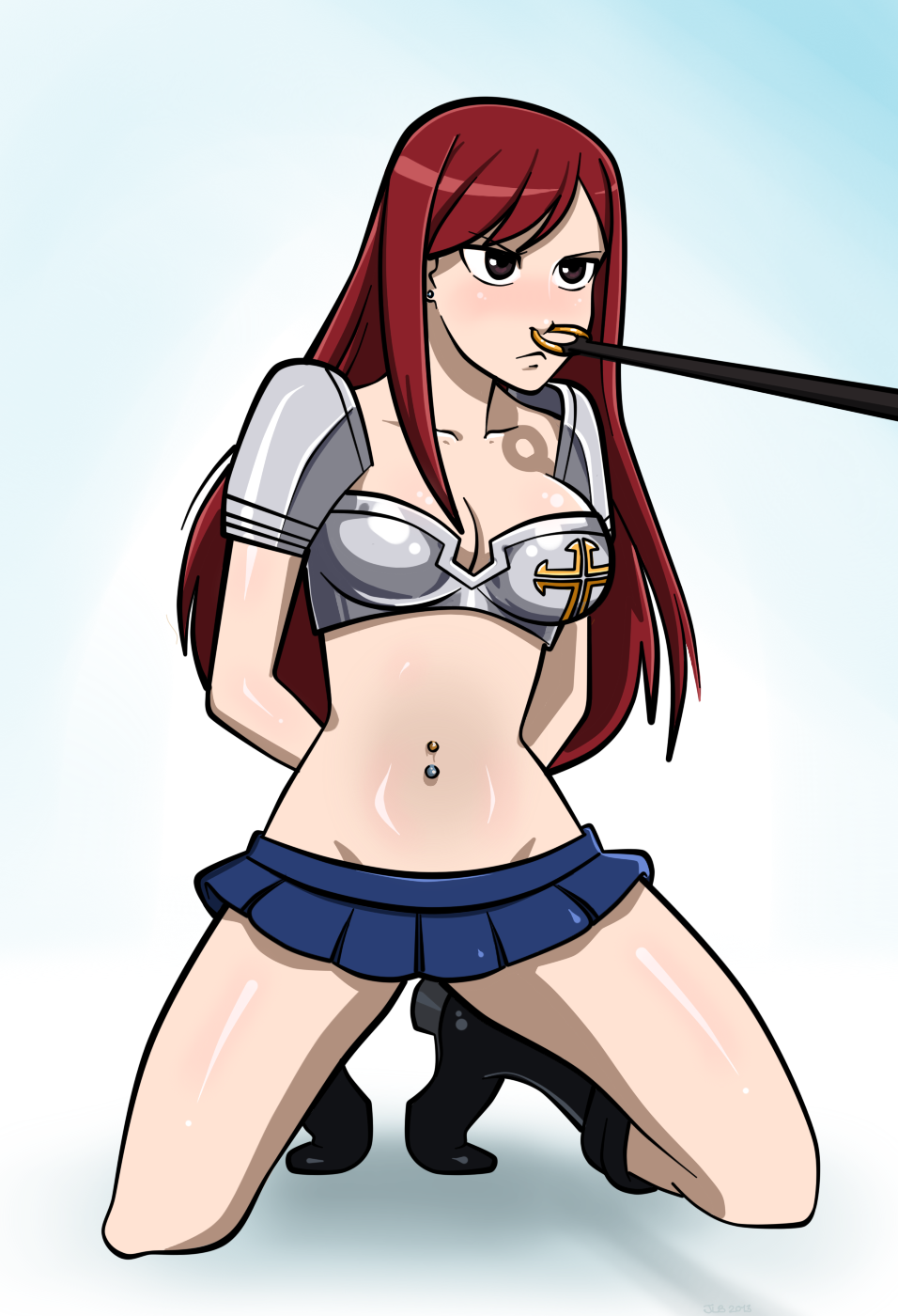 armor bondage brown_eyes bullring chains earrings erza_scarlet fairy_tail female kneeling leash piercing red_hair short_skirt slave