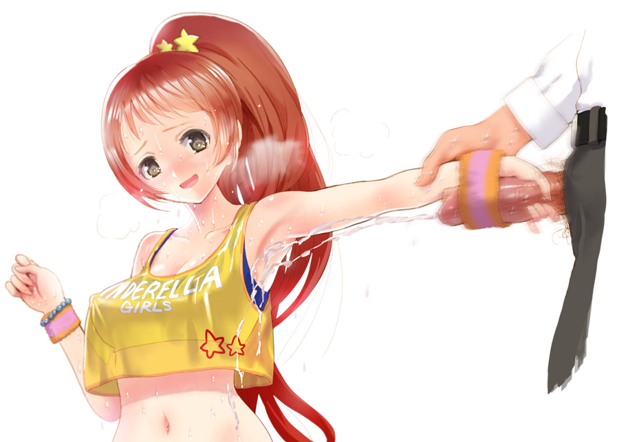 armpits blush bracelet breasts breath brown_eyes cum cum_on_body ejaculation hair_ornament handjob idolmaster idolmaster_cinderella_girls long_hair nagasawa_shin navel nipple_bulge open_mouth orange_hair penis ponytail producer_(idolmaster) red_hair smile sweat sweatband_on_penis sweatdrop tank_top tied_hair wakabayashi_tomoka wristband