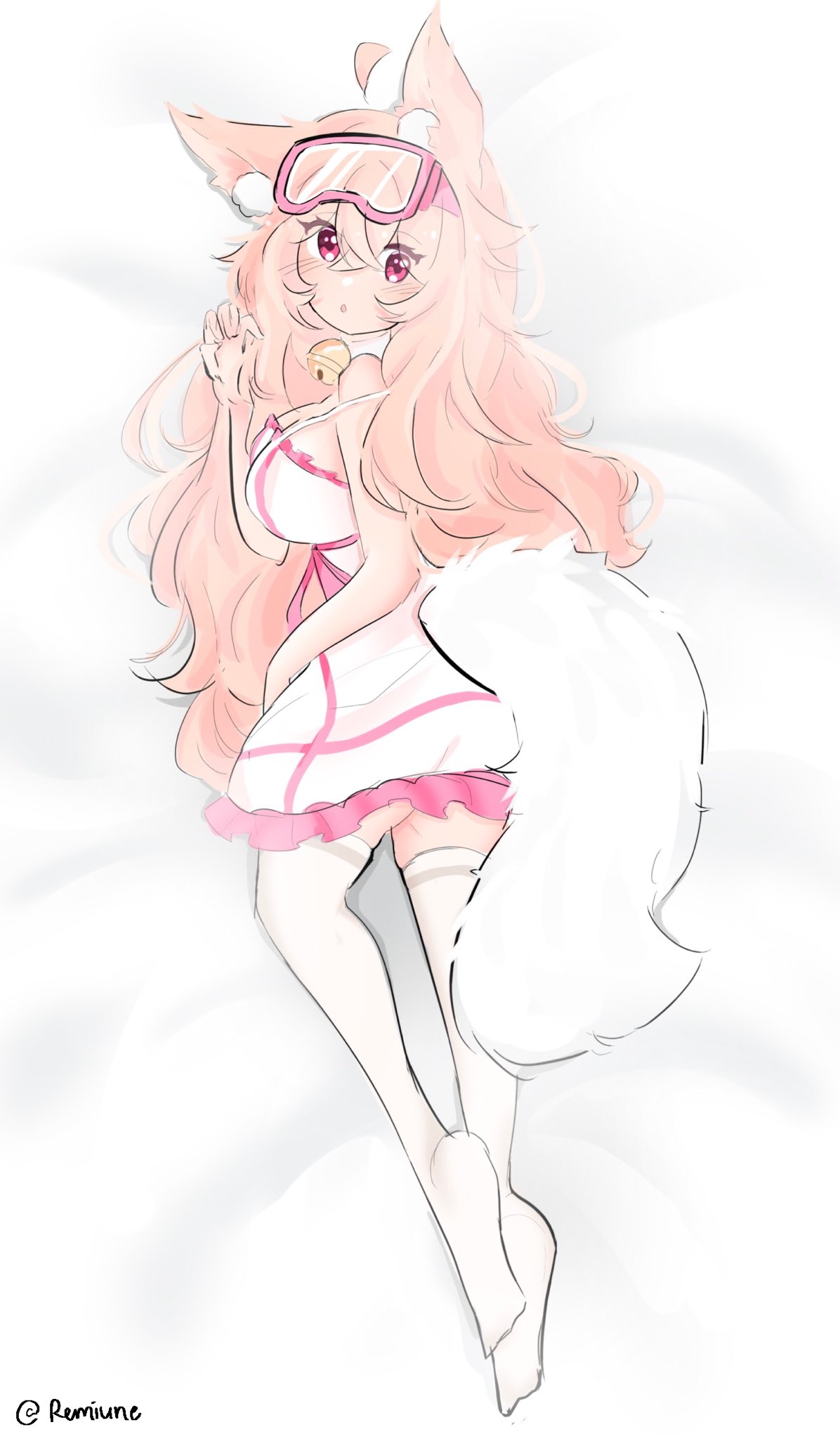 anticipation blush breast_press butt_focus fluffy_tail fox_ears fox_girl goggles_on_head in_bed long_socks looking_at_viewer pink_hair remiune waiting white_dress