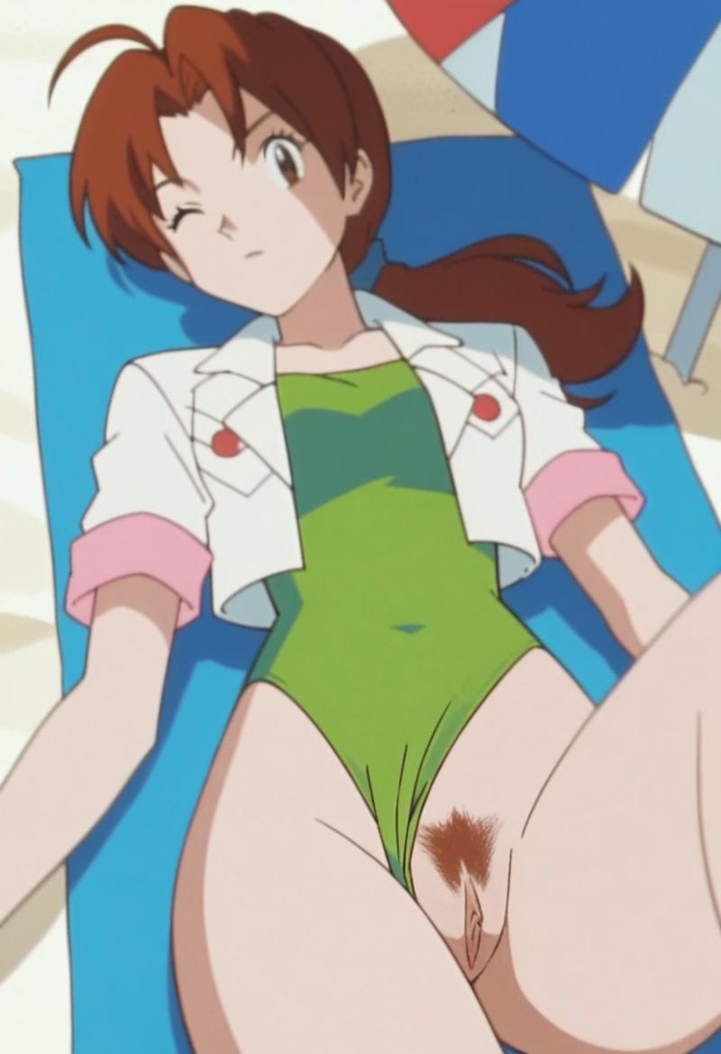 ai_generated beach beach_towel beach_umbrella brown_eyes brown_hair brown_pubic_hair delia_ketchum_(pokemon) female green_one-piece_swimsuit jacket jacket_open jacket_over_swimsuit lying lying_on_back lying_on_towel one-piece_swimsuit one_eye_closed pokemon pokemon_(anime) pubic_hair pussy pussy_exposed sand uncensored white_jacket